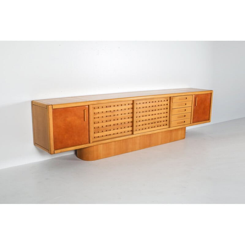 Vintage Beech and Leather Sideboard by Mario Marenco Italy 1970s