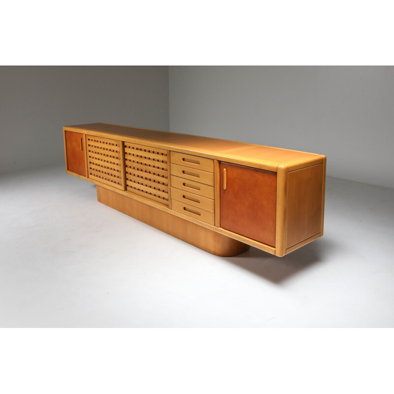 Vintage Beech and Leather Sideboard by Mario Marenco Italy 1970s