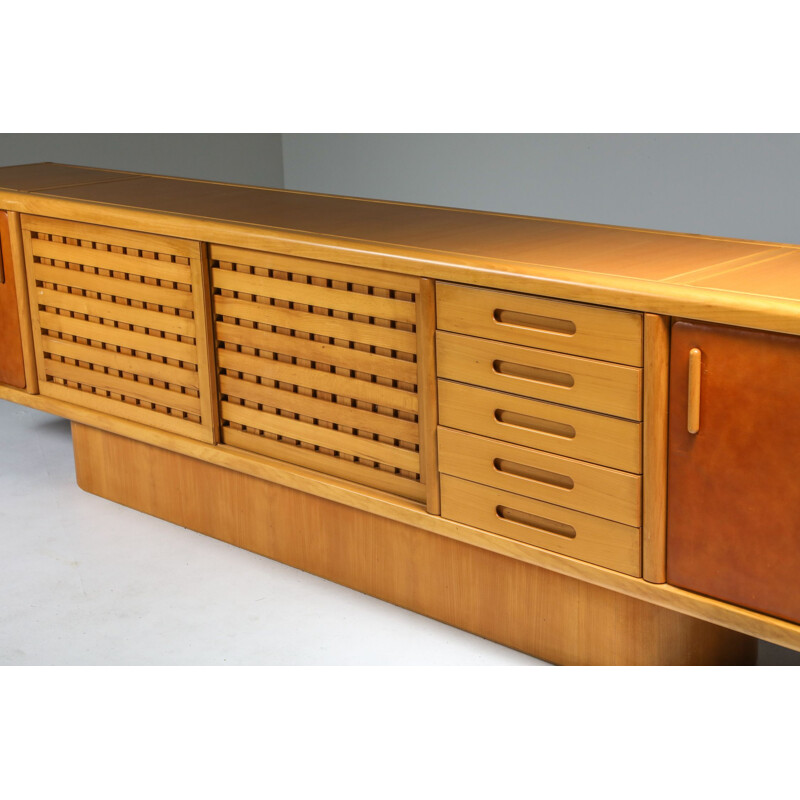 Vintage Beech and Leather Sideboard by Mario Marenco Italy 1970s