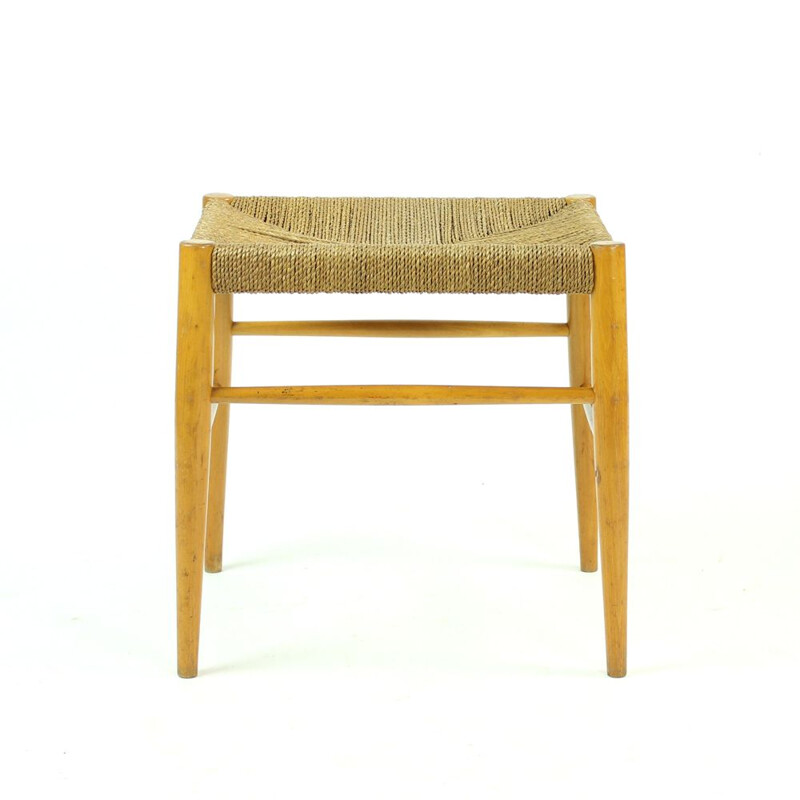 Vintage Stool In Oak Wood And Rope Czechoslovakia 1960s