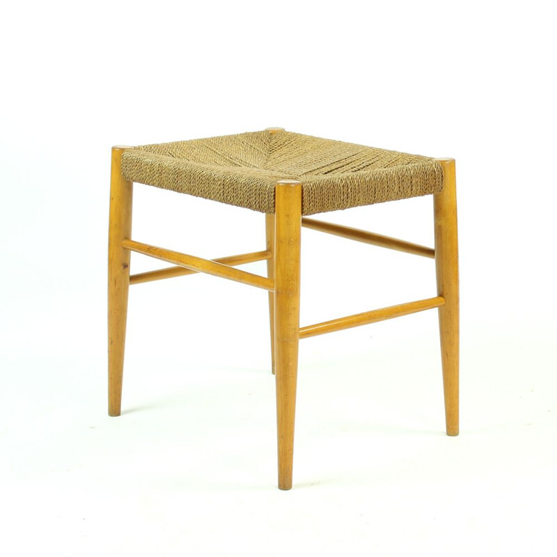 Vintage Stool In Oak Wood And Rope Czechoslovakia 1960s