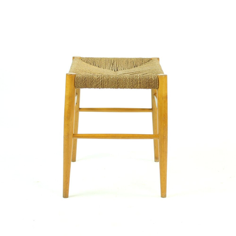 Vintage Stool In Oak Wood And Rope Czechoslovakia 1960s