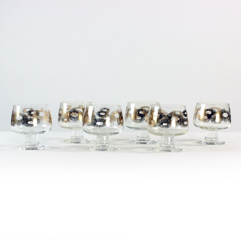 Set of 6 vintage glasses with gold details, Czechoslovakia 1960