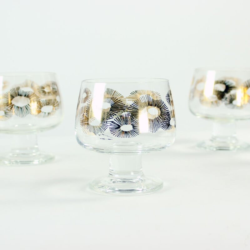Set of 6 vintage glasses with gold details, Czechoslovakia 1960