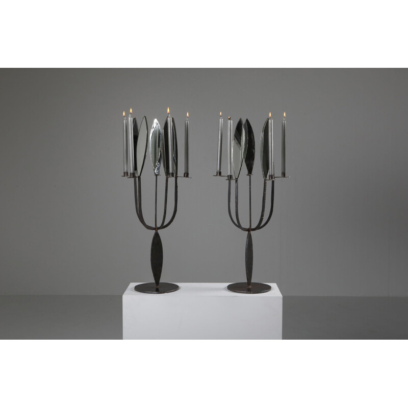 Pair of vintage Brutalist Candelabras with Mirrors 1970s
