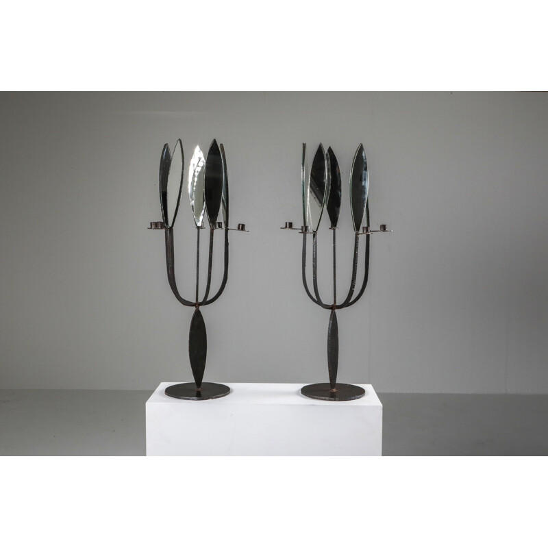 Pair of vintage Brutalist Candelabras with Mirrors 1970s