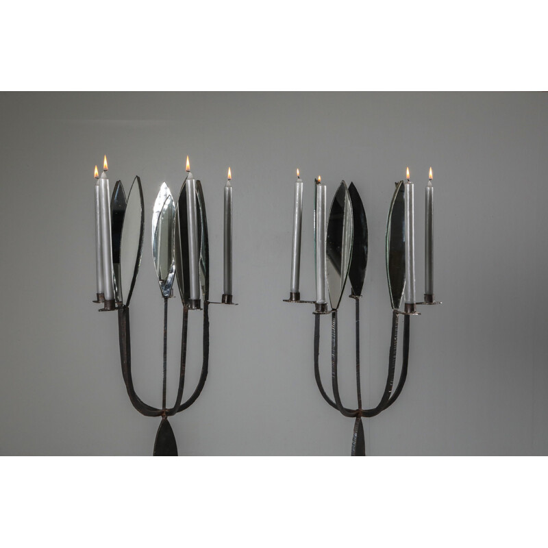 Pair of vintage Brutalist Candelabras with Mirrors 1970s