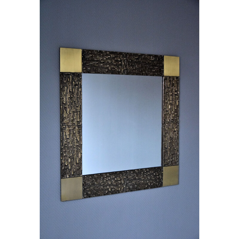 Square vintage mirror in solid bronze by the famous Luciano Frigerio, Italy 1960