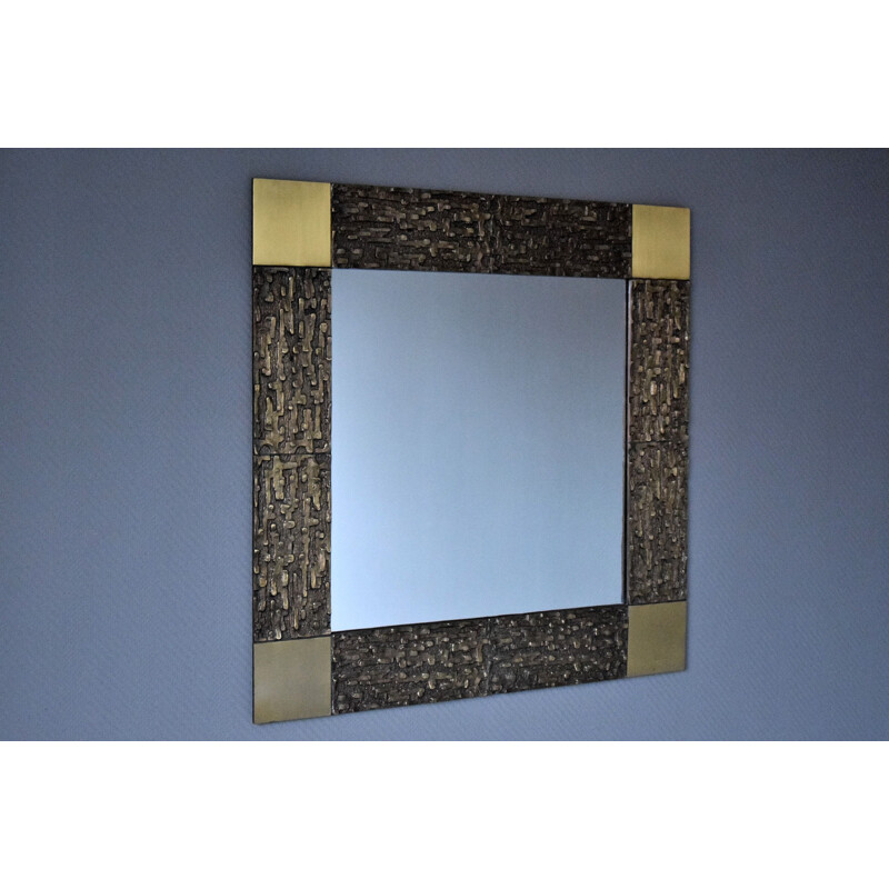 Square vintage mirror in solid bronze by the famous Luciano Frigerio, Italy 1960