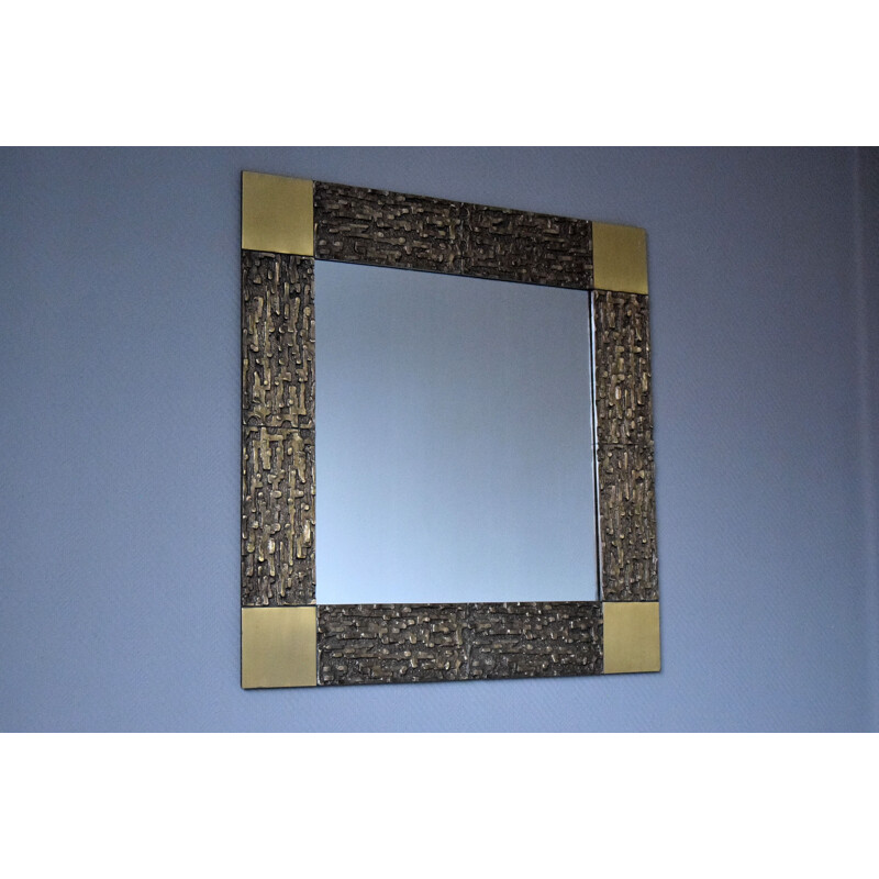 Square vintage mirror in solid bronze by the famous Luciano Frigerio, Italy 1960