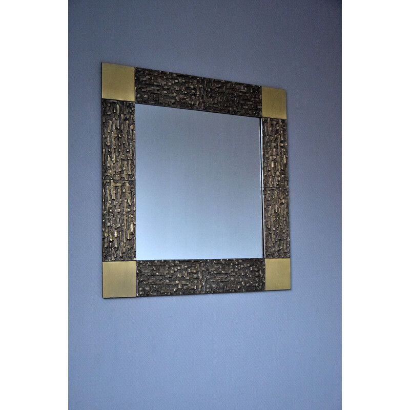 Square vintage mirror in solid bronze by the famous Luciano Frigerio, Italy 1960