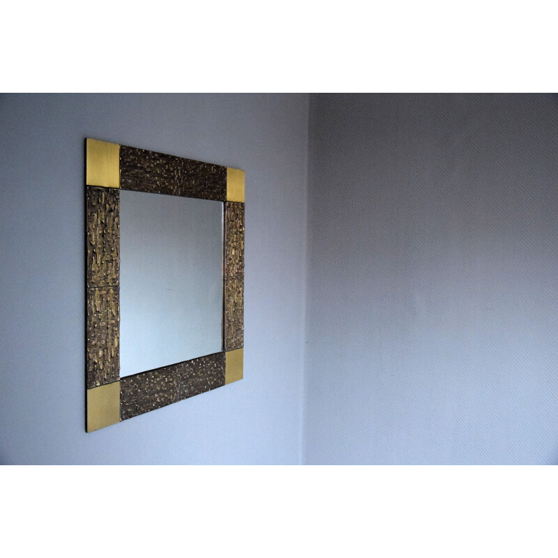 Espelho quadrado vintage em bronze sólido do famoso Luciano Frigerio, Itália 1960