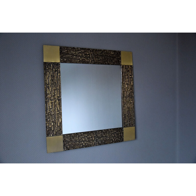 Square vintage mirror in solid bronze by the famous Luciano Frigerio, Italy 1960