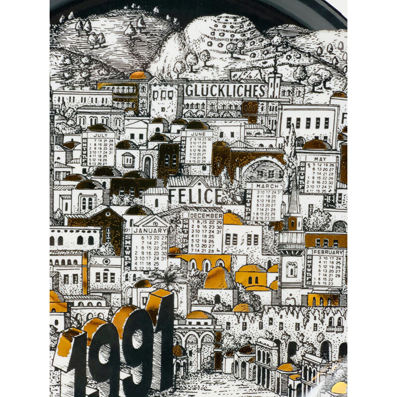 Plato calendario vintage Piero Fornasetti en porcelana 1991