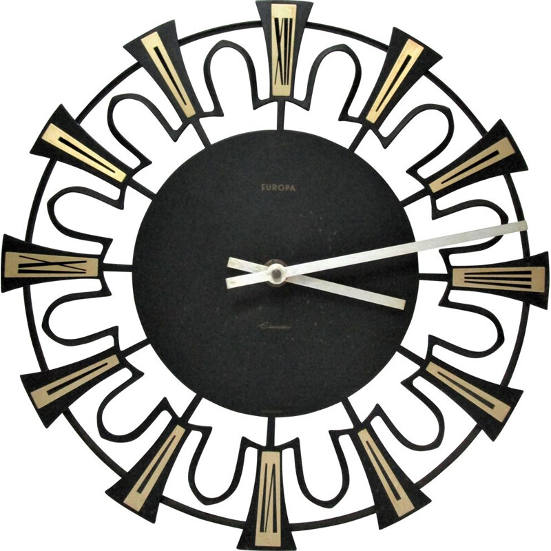 Vintage wall clock black and gold german metal wall clock 1960s