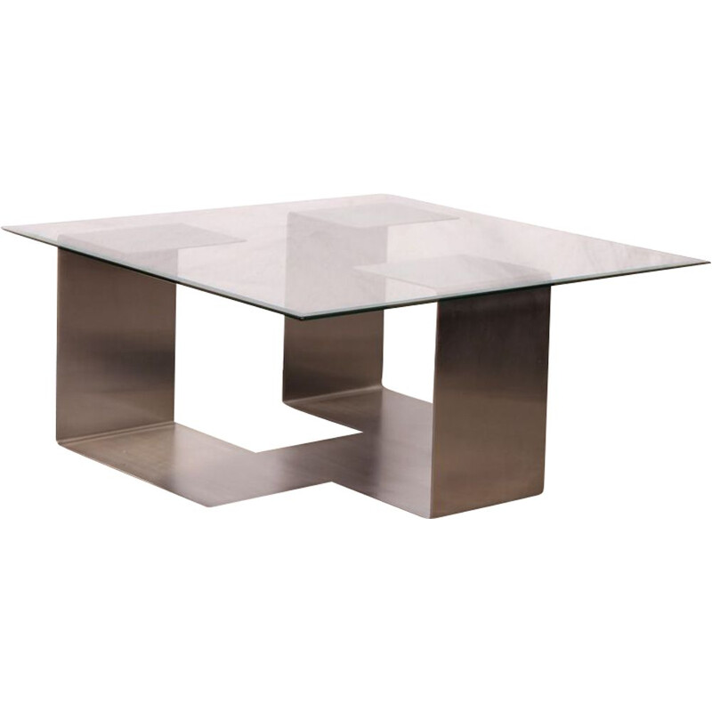 Vintage coffee table in steel and glass Jean-Pierre Mesmin for Bioject 1970s