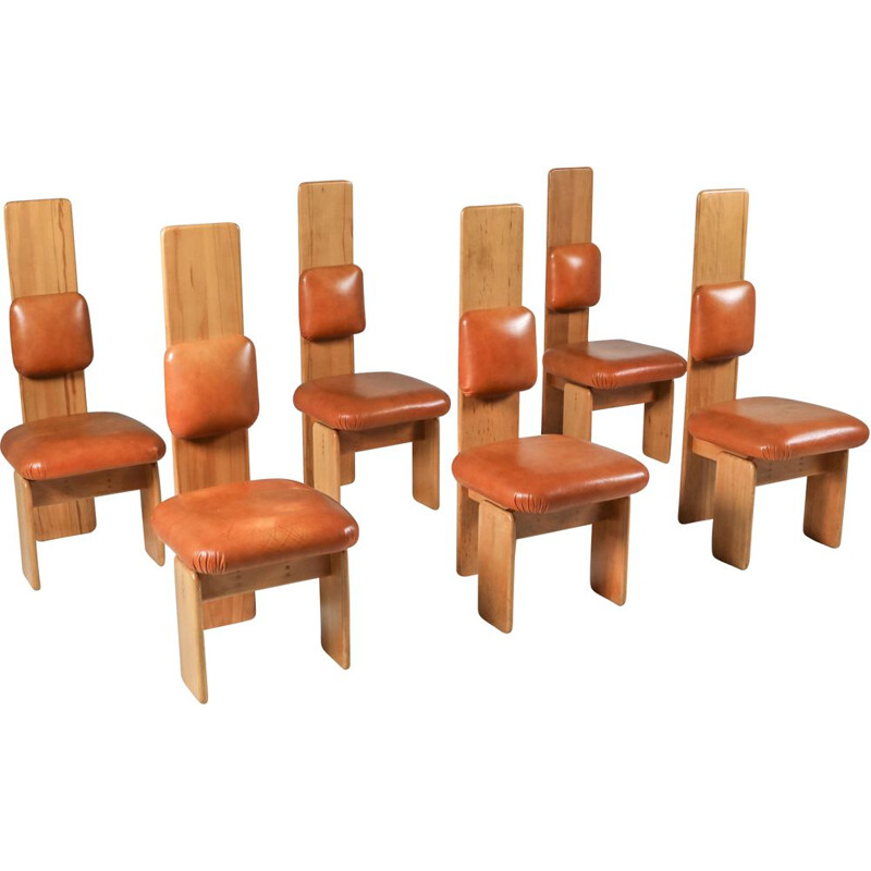 Lot de 6 chaises vintage en hêtre et en cuir de Mario Marenco Italie 1970