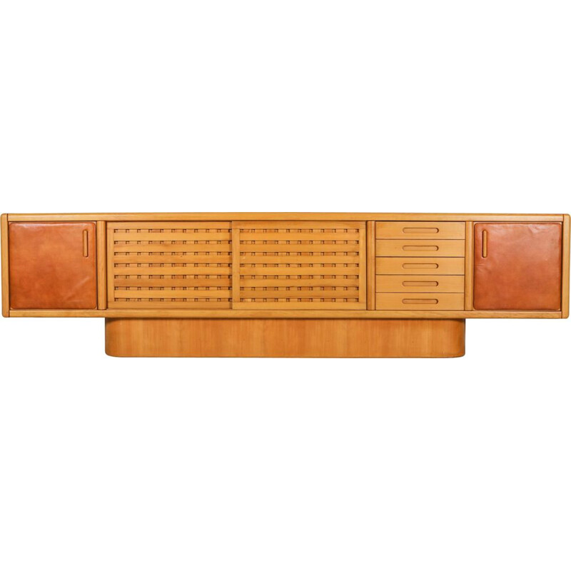 Vintage Beech and Leather Sideboard by Mario Marenco Italy 1970s