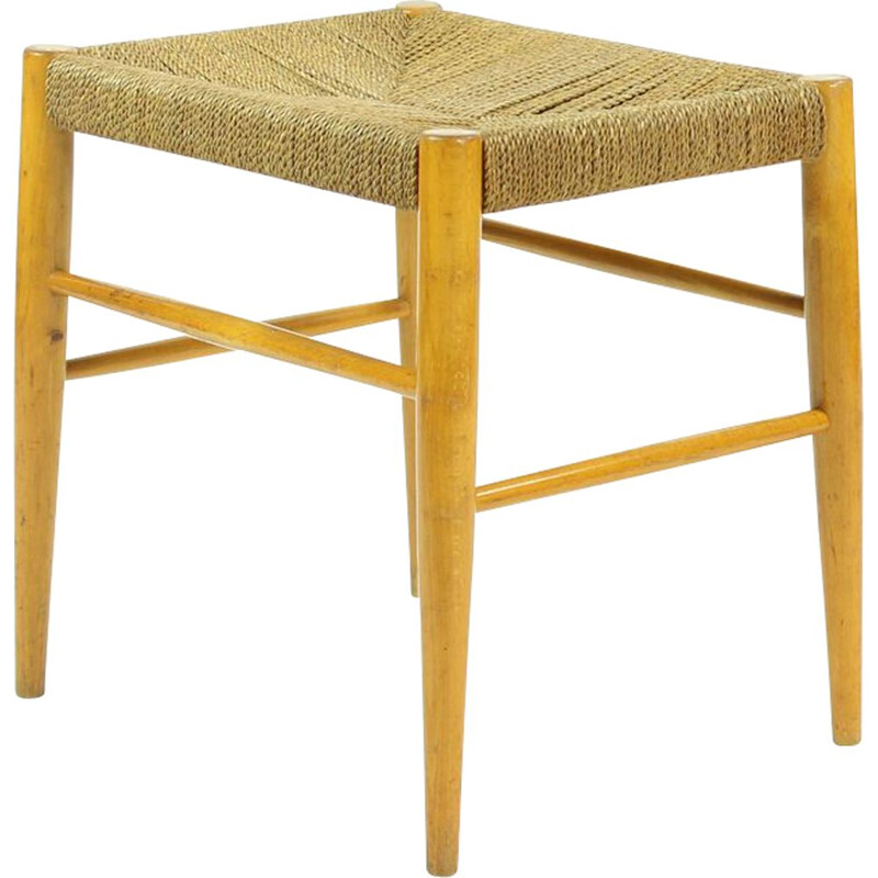 Vintage Stool In Oak Wood And Rope Czechoslovakia 1960s