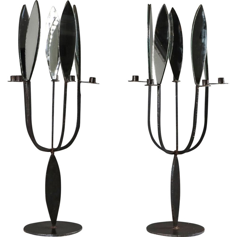 Pair of vintage Brutalist Candelabras with Mirrors 1970s