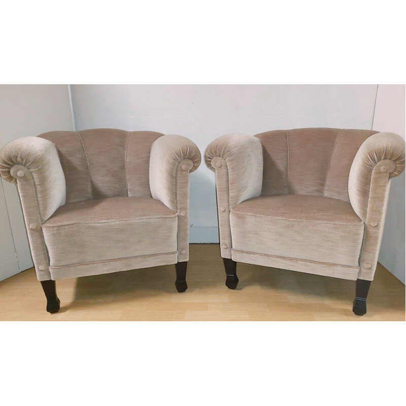  Pair of Vintage Club Armchairs De Coene Velvet Mohair 1930's