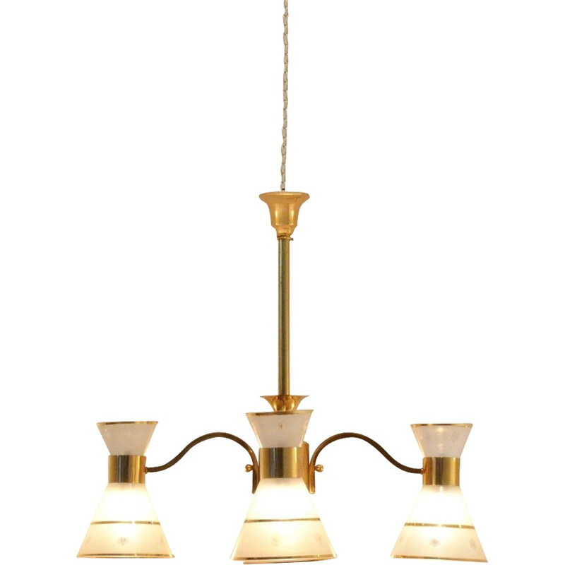 4 lamp shades chandelier in glass and brass - 1950s