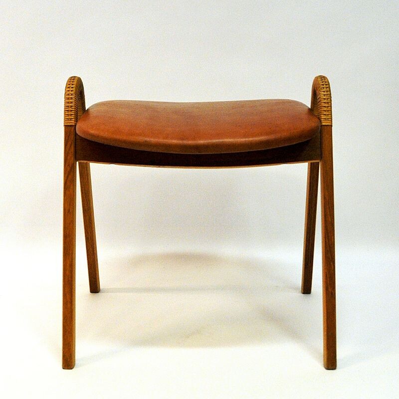 Midcentury leather stool by Bjørn Engø for Gustav Bahus Norway 1950s