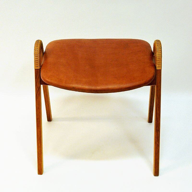 Midcentury leather stool by Bjørn Engø for Gustav Bahus Norway 1950s