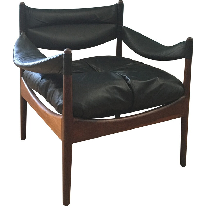 Mid-century pair of "Modus" armchairs in leather and rosewood, Kristian VEDEL - 1960s