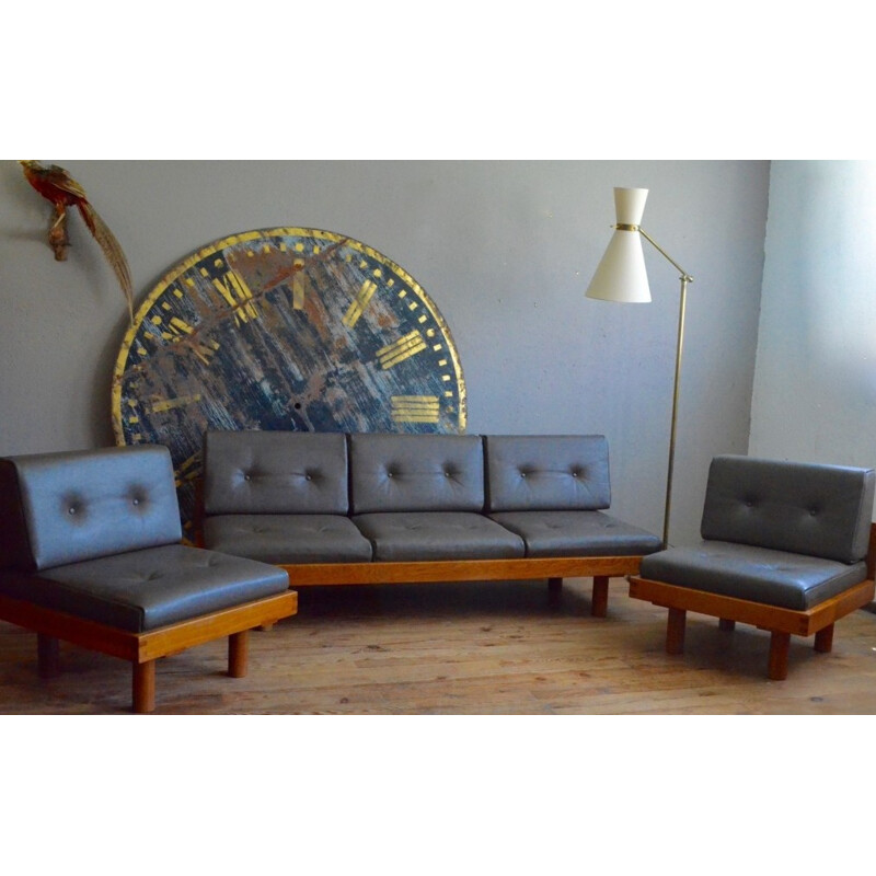 L09 living room set in solid elm, Pierre CHAPO - 1970s