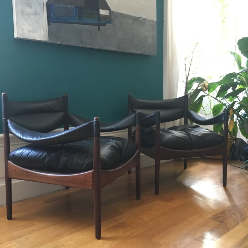 Mid-century pair of "Modus" armchairs in leather and rosewood, Kristian VEDEL - 1960s