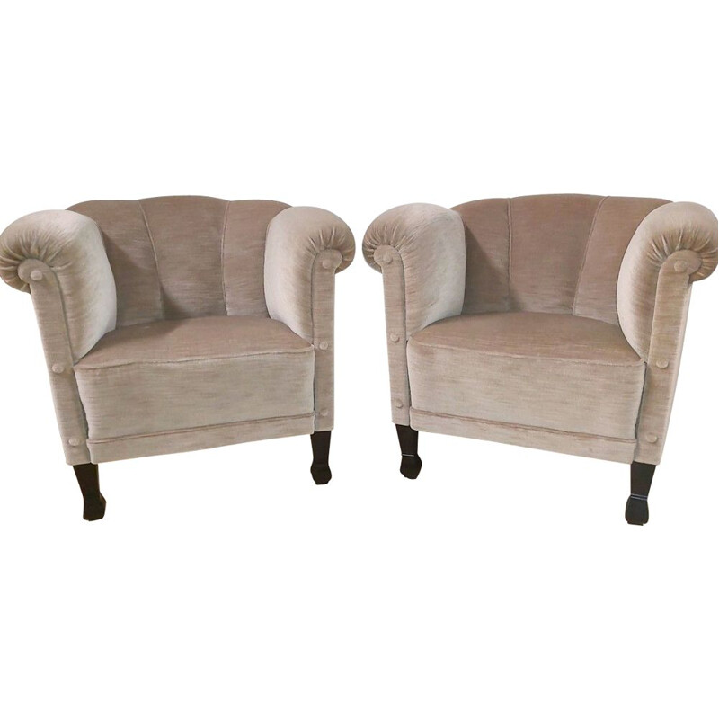  Pair of Vintage Club Armchairs De Coene Velvet Mohair 1930's