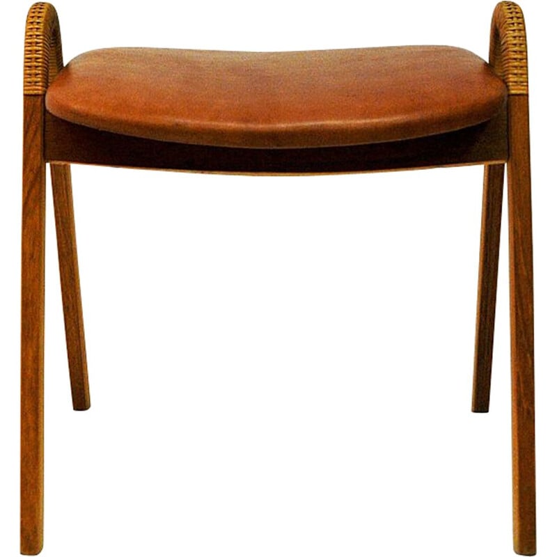 Midcentury leather stool by Bjørn Engø for Gustav Bahus Norway 1950s