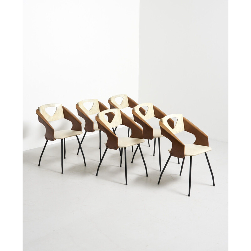 Satz von 6 Vintage-Stühlen aus Teakholzfurnier von Carlo Ratti für Industrial Legni Curva, Italien 1950