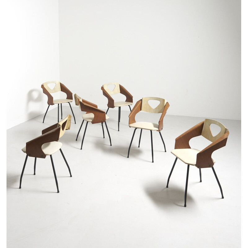 Set of 6 vintage teak veneer chairs by Carlo Ratti for Industrial Legni Curva, Italy 1950