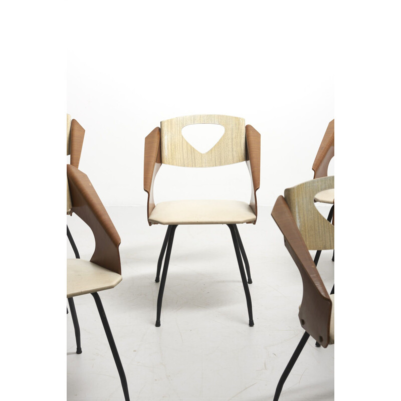 Set of 6 vintage teak veneer chairs by Carlo Ratti for Industrial Legni Curva, Italy 1950