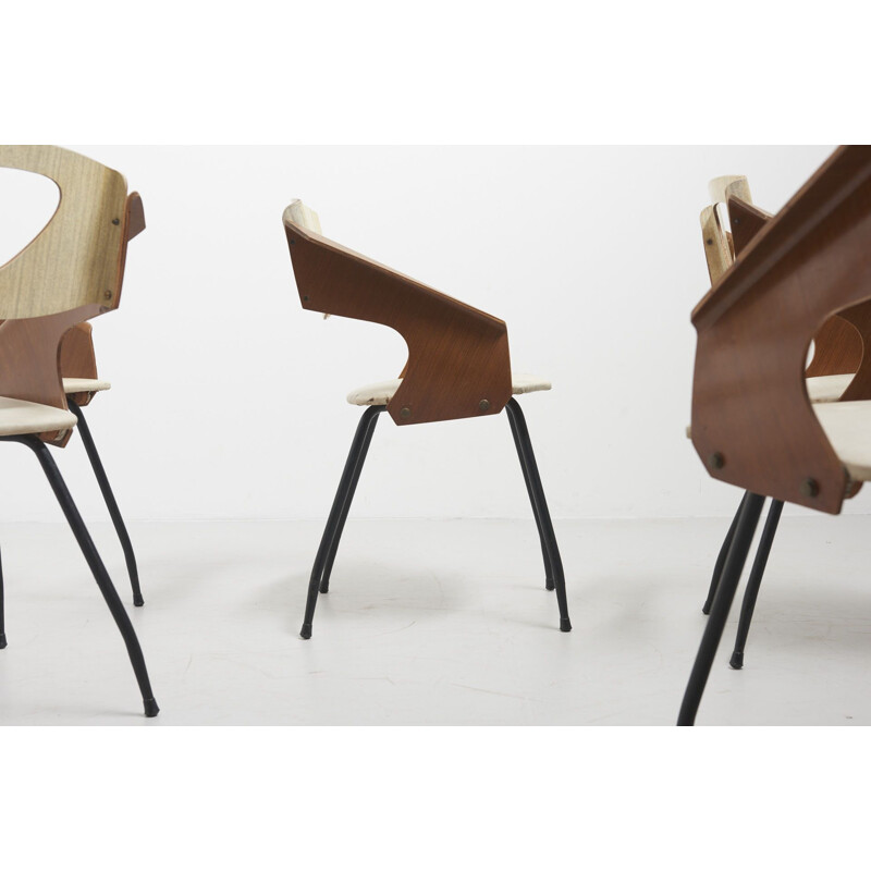 Set of 6 vintage teak veneer chairs by Carlo Ratti for Industrial Legni Curva, Italy 1950