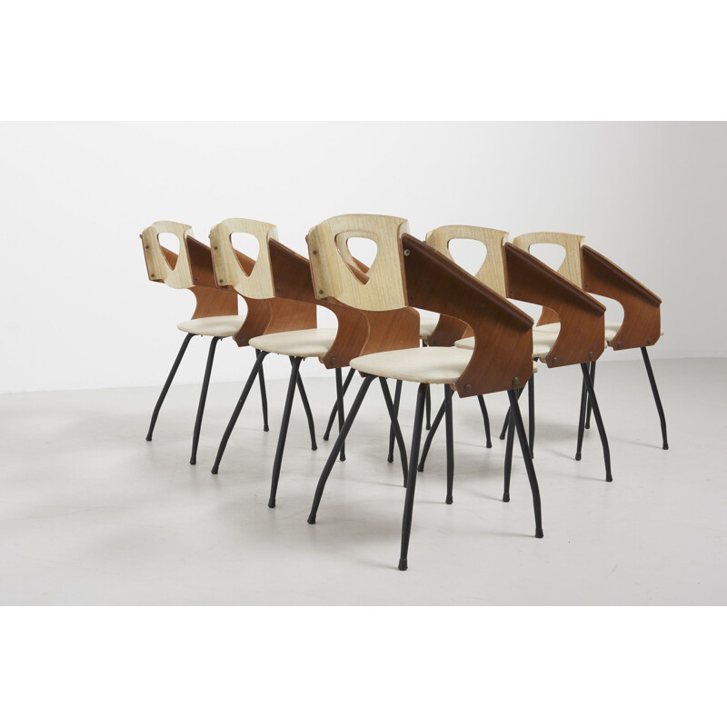 Set of 6 vintage teak veneer chairs by Carlo Ratti for Industrial Legni Curva, Italy 1950