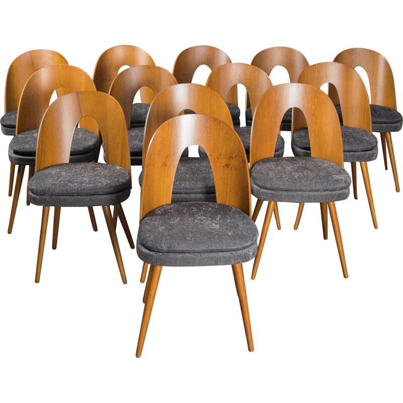 Set de 10 chaises vintage en Noyer et Tissu gris par Antonin Suman Tchèque 1960