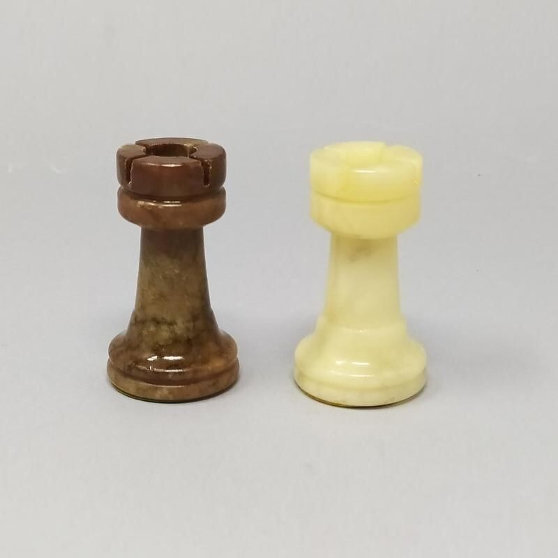 Jeu d'échecs vintage en albâtre de Volterra fait à la main en Italie 1960