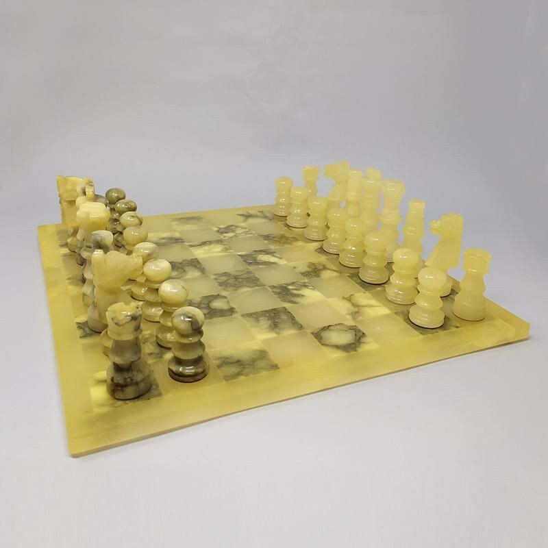 Vintage Chess Set in Volterra Alabaster Handmade Italian 1960s