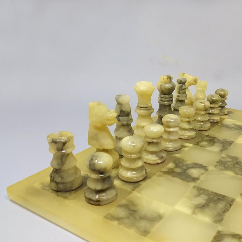 Vintage Chess Set in Volterra Alabaster Handmade Italian 1960s