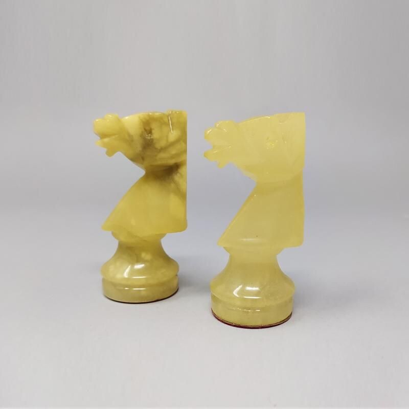 Vintage Chess Set in Volterra Alabaster Handmade Italian 1960s