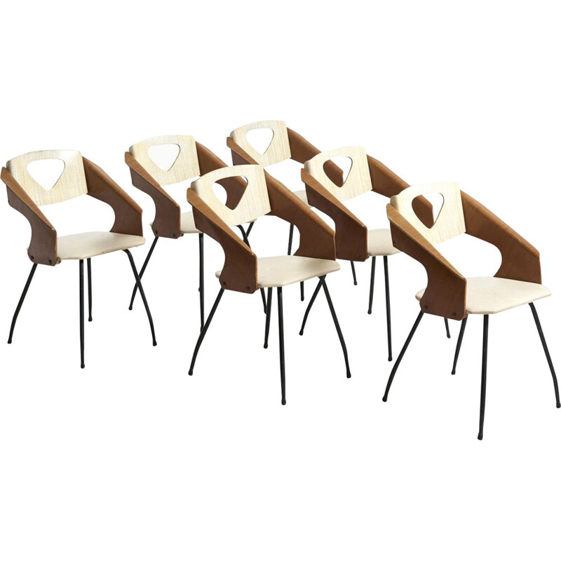 Set of 6 vintage teak veneer chairs by Carlo Ratti for Industrial Legni Curva, Italy 1950