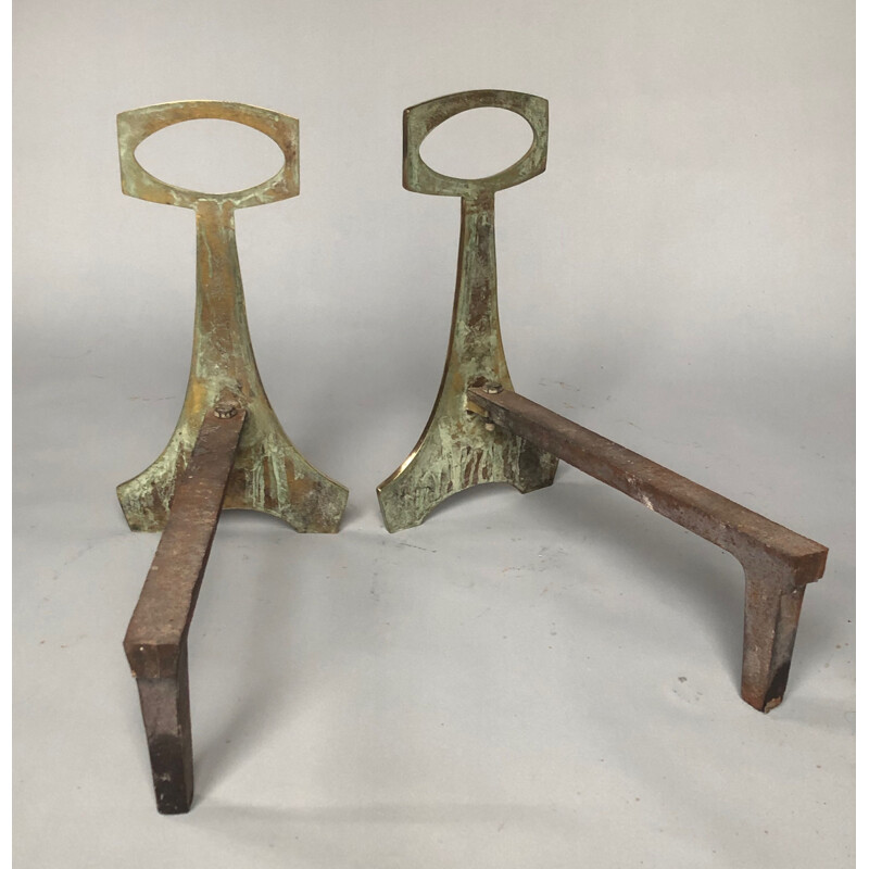 Pair of vintage bronze and cast steel chenets 1970s