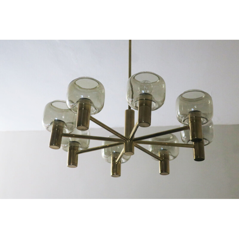 Vintage 8-Arm Brass & Glass Chandelier by Hans-Agne Jakobsson