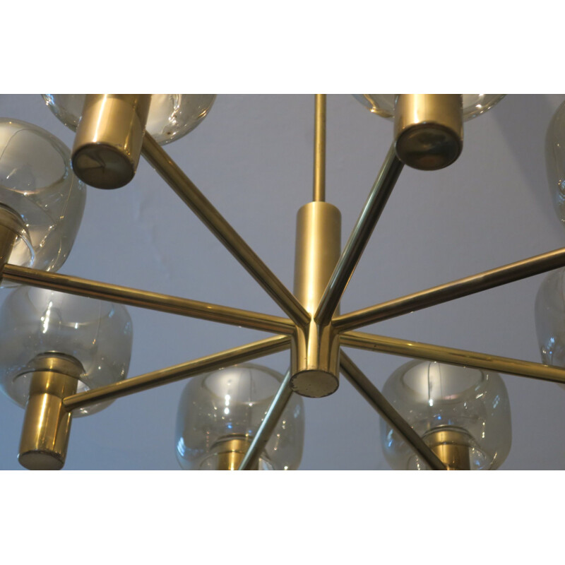 Vintage 8-Arm Brass & Glass Chandelier by Hans-Agne Jakobsson