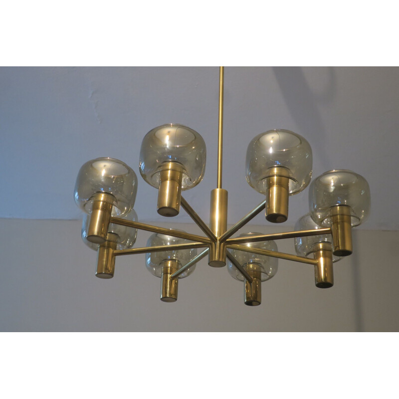 Vintage 8-Arm Brass & Glass Chandelier by Hans-Agne Jakobsson