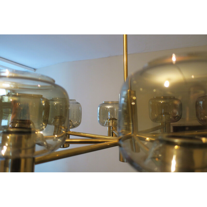 Vintage 8-Arm Brass & Glass Chandelier by Hans-Agne Jakobsson