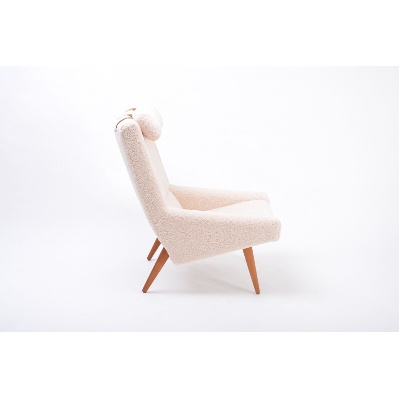 Vintage highback lounge chair in white teddy fur by Illum Wikkelso 1960s